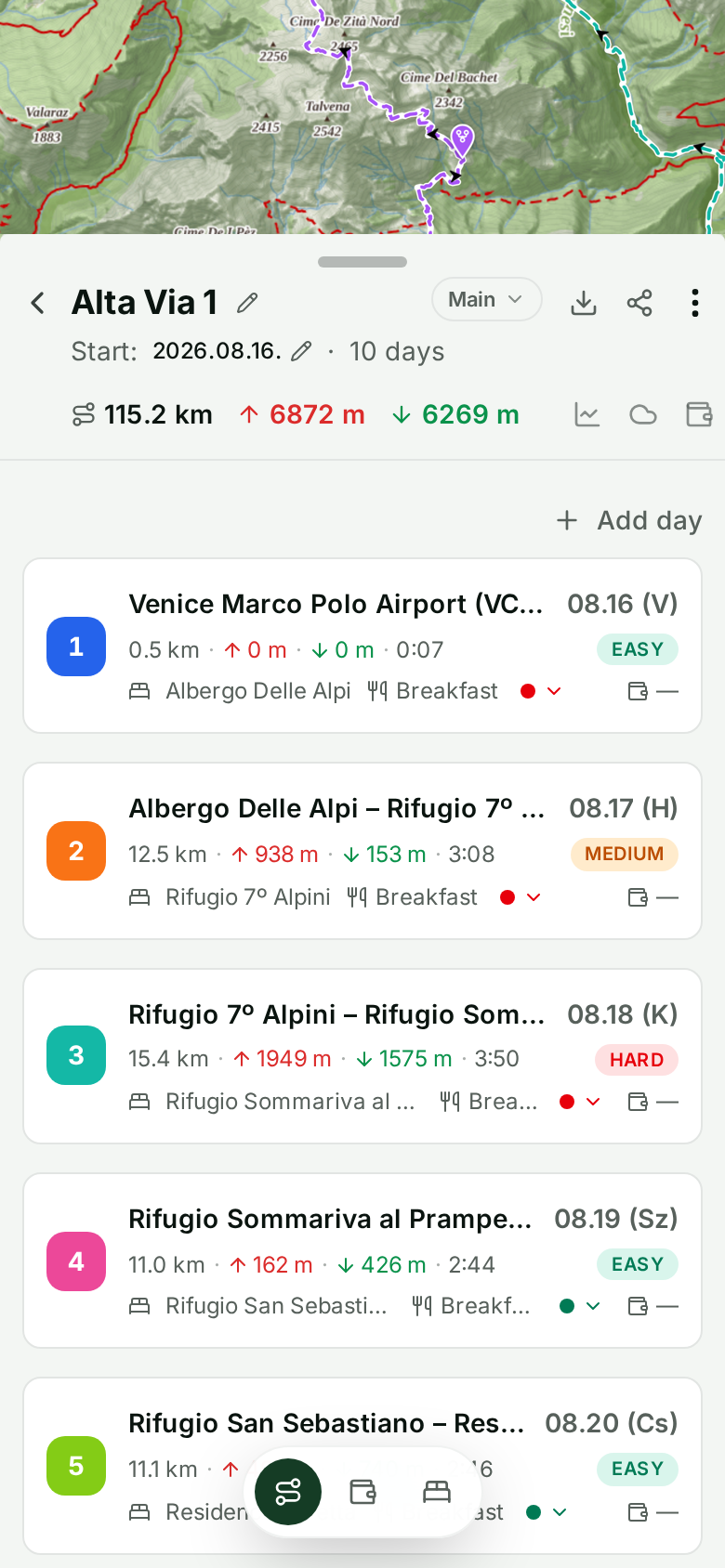 AllTrek planner shown on a phone with a day's route on the map