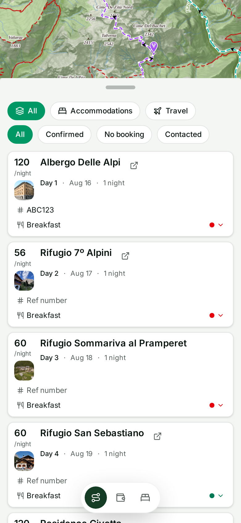 AllTrek camp screen listing accommodations per day with booking links