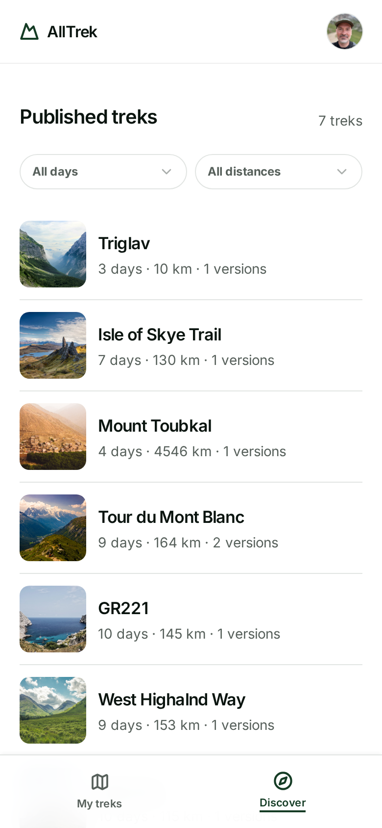 AllTrek Discover screen with published community trek cards